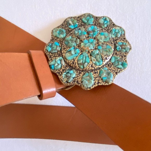 Coldwater Creek Womens Leather Belt Med Turquoise Chips Medallion Brass Buckle main image 6